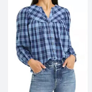 Draper James Midnight Plaid Pleated Puff‎ Shoulder Blouse Top XL NWT